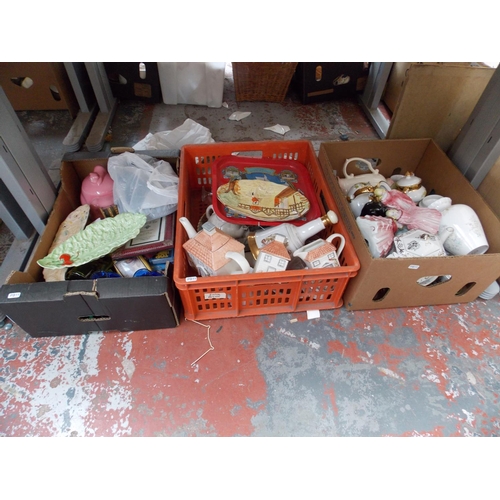 242 - SIX BOXES CONTAINING MIXED CHINA, VASES, GLASSWARE, WICKER BASKETS ETC