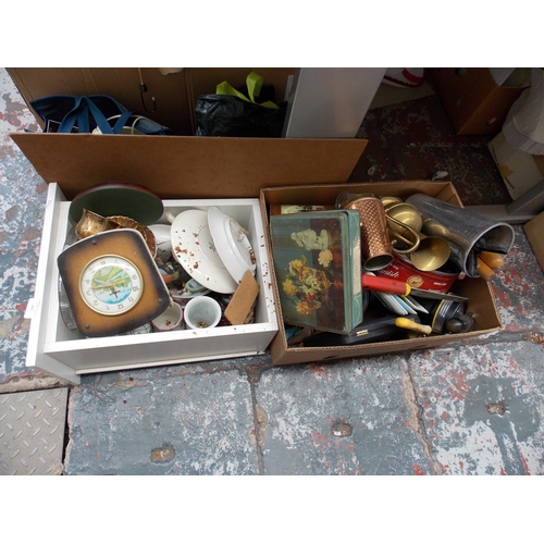 249 - TWO BOXES CONTAINING CHINA, BRASSWARE, GLASSWARE, COPPERWARE ETC