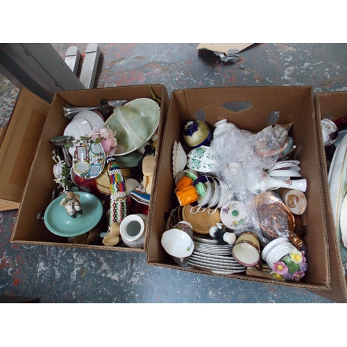 252 - THREE BOXES CONTAINING CHINA, ORNAMENTS, GLASSWARE, PICTURES, ANTIQUE BOOKS ETC