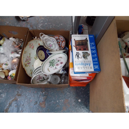 252 - THREE BOXES CONTAINING CHINA, ORNAMENTS, GLASSWARE, PICTURES, ANTIQUE BOOKS ETC