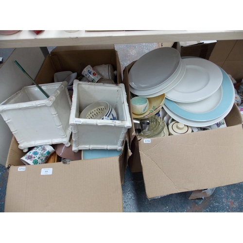 253 - THREE BOXES AND A BASKET CONTAINING MIXED KITCHENALIA, PLANTERS ETC