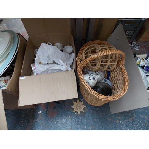 253 - THREE BOXES AND A BASKET CONTAINING MIXED KITCHENALIA, PLANTERS ETC