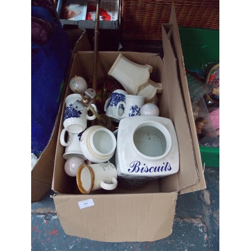 256 - A BOX CONTAINING CHINA, COLLECTABLE GLASSWARE ETC (HORN WITHDRAWN)