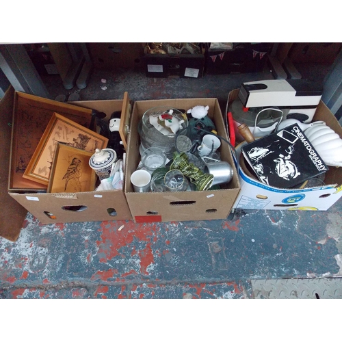 259 - FOUR BOXES CONTAINING PICTURES, KITCHENALIA, ELECTRICAL ITEMS, CHINA ETC