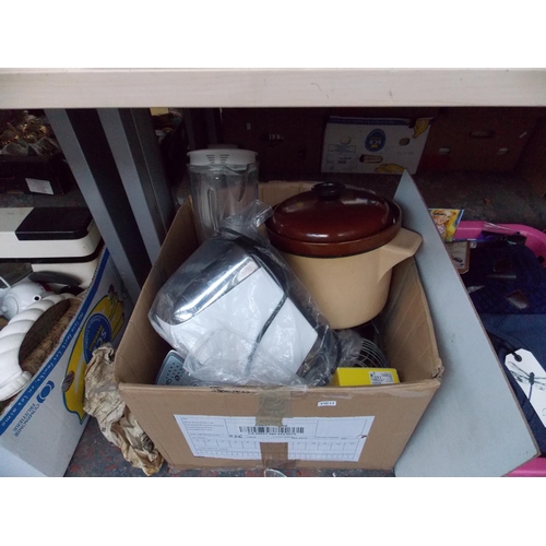 259 - FOUR BOXES CONTAINING PICTURES, KITCHENALIA, ELECTRICAL ITEMS, CHINA ETC