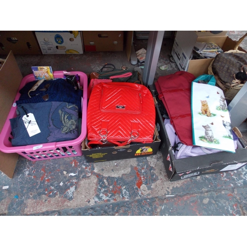 260 - THREE BOXES CONTAINING MIXED CLOTHING, BAGS ETC