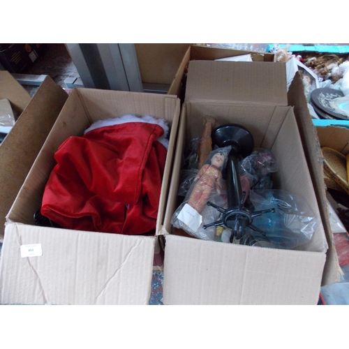 263 - TWO BOXES CONTAINING DOLLS, SILVER PLATED WARE, GLASSWARE ETC