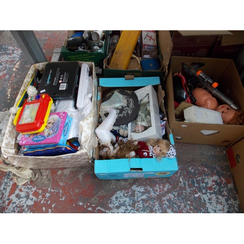 265 - THREE BOXES CONTAINING DOLLS, GAMES, TOYS ETC