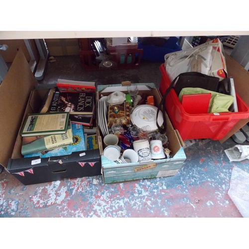 268 - THREE BOXES CONTAINING BOOKS, CHINA, GLASSWARE ETC