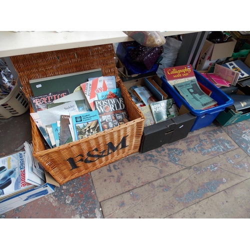 270 - SEVEN BOXES AND A LARGE F & M  BASKET CONTAINING ROYAL AIR FORCE MAGAZINES, GLASSWARE, MIXED BOOKS E... 