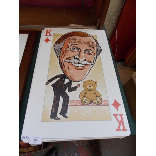 446 - SEVEN LARGE PLAYING CARDS TO INCLUDE BRUCE FORSYTH ETC