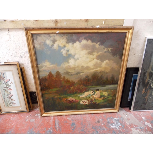 523 - THREE LARGE PICTURES AND A SMALL OIL ON BOARD