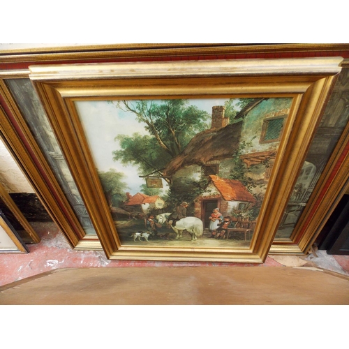 523 - THREE LARGE PICTURES AND A SMALL OIL ON BOARD