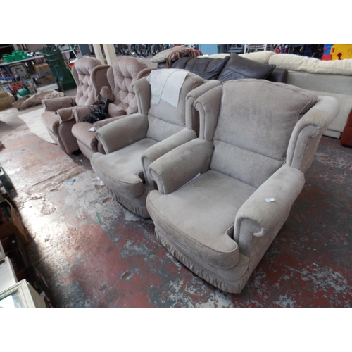 677 - TWO BEIGE UPHOLSTERED OCCASIONAL CHAIRS