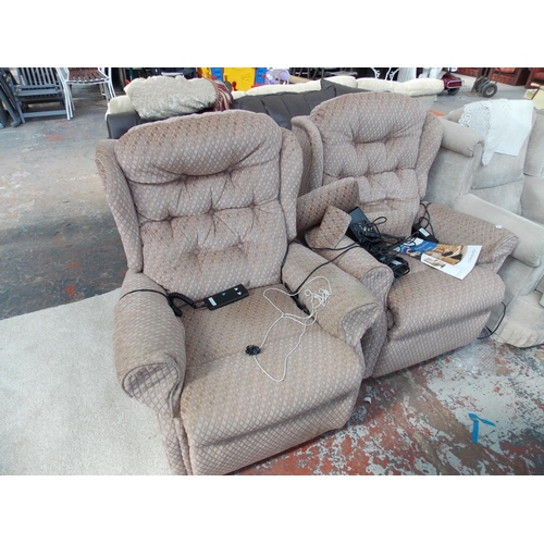 678 - A CELEBRITY ELECTRIC RECLINING PINK DRALON THREE SEATER SOFA AND TWO MATCHING ARM CHAIRS