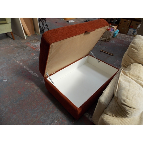 680 - AN ORANGE UPHOLSTERED LIDDED POUFFET