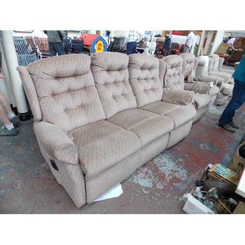 678 - A CELEBRITY ELECTRIC RECLINING PINK DRALON THREE SEATER SOFA AND TWO MATCHING ARM CHAIRS