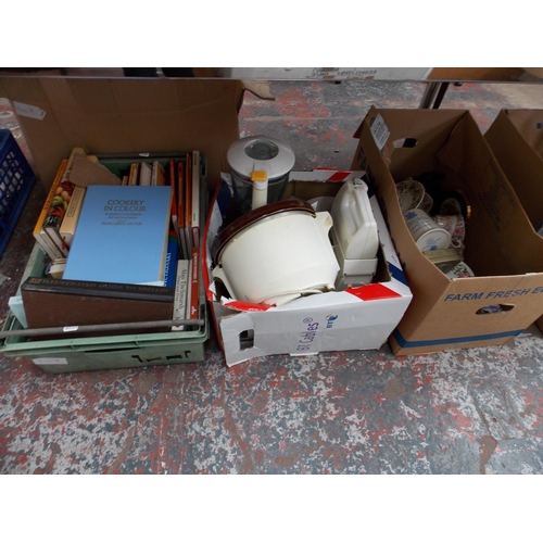 273 - FOUR BOXES CONTAINING MIXED CHINA, BOOKS, KITCHENALIA, GLASSWARE, CARRIAGE CLOCK, RECORDS ETC