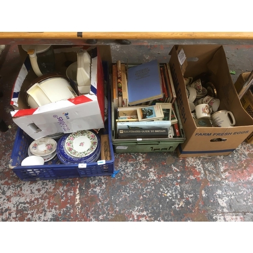 273 - FOUR BOXES CONTAINING MIXED CHINA, BOOKS, KITCHENALIA, GLASSWARE, CARRIAGE CLOCK, RECORDS ETC