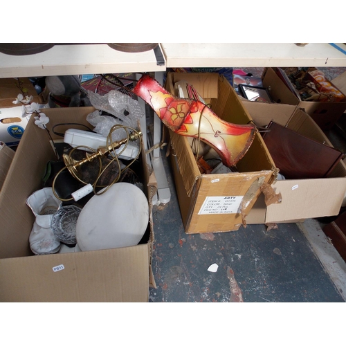 236 - FIVE BOXES CONTAINING GLASSWARE, MIXED CHINA, CHILDREN'S GAMES, VINTAGE LAMP ETC