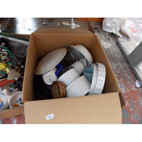 242 - FIVE BOXES CONTAINING MIXED GLASSWARE, CERAMICS, STONEWARE, VINTAGE RADIO ETC