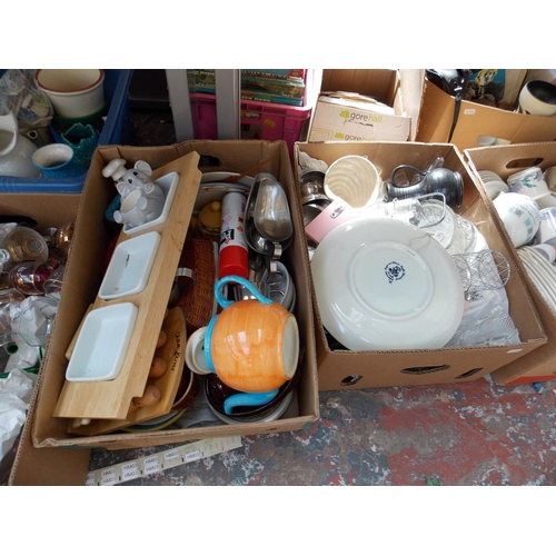 264 - NINE BOXES CONTAINING MIXED CHINA, GLASSWARE, DELFTWARE, CHARGER ETC