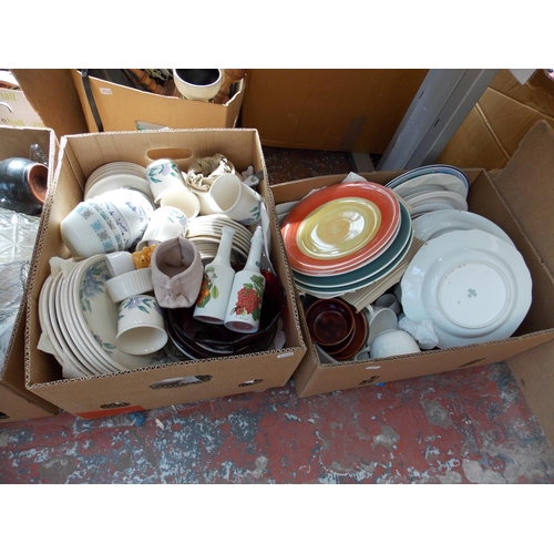 264 - NINE BOXES CONTAINING MIXED CHINA, GLASSWARE, DELFTWARE, CHARGER ETC