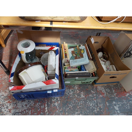 273 - FOUR BOXES CONTAINING MIXED CHINA, BOOKS, KITCHENALIA, GLASSWARE, CARRIAGE CLOCK, RECORDS ETC