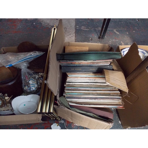 274 - FOUR BOXES CONTAINING GOOD QUALITY CHINA, BRASS FOUR SECTION FIRE SCREEN, BISQUE FIGURES, RECORDS ET... 