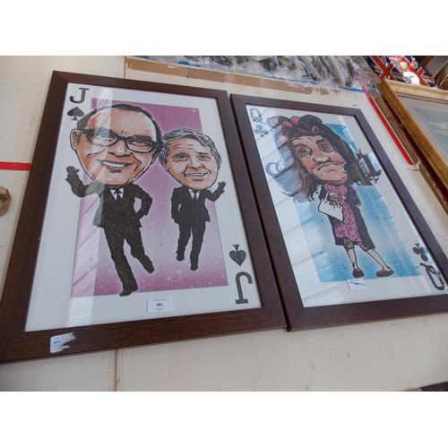 361 - TWO LARGE FRAMED PLAYING CARDS TO INCLUDE MORECAMBE AND WISE AND LES DAWSON