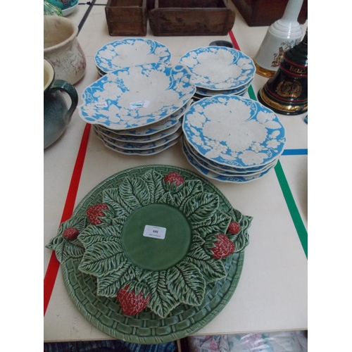 389 - A COLLECTION OF BISQUE LEAF PLATES AND TWO PORTUGAL PLATES