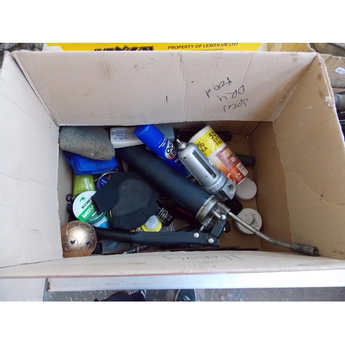 145 - A BOX CONTAINING GREASE GUN, WOODEN RULERS, CLEANING PRODUCTS ETC