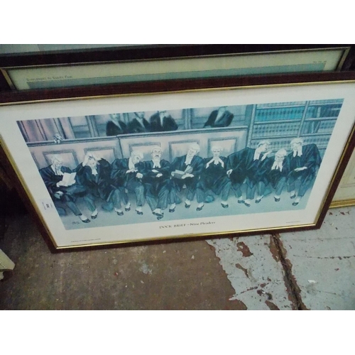 502 - SEVEN FRAMED PICTURES AND PRINTS TO INCLUDE AN UNUSUAL 1970'S ABSTRACT PAINTING OF A DOG, A COURT SC... 