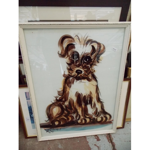 502 - SEVEN FRAMED PICTURES AND PRINTS TO INCLUDE AN UNUSUAL 1970'S ABSTRACT PAINTING OF A DOG, A COURT SC... 