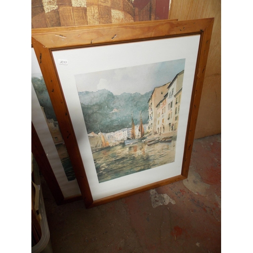 534 - FOUR ITEMS TO INCLUDE A PINE FRAMED PRINT OF A WINE SHOP, A PAIR OF FRAMED EUROPEAN PRINTS AND A MOD... 