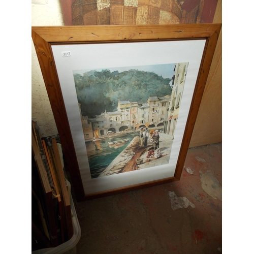 534 - FOUR ITEMS TO INCLUDE A PINE FRAMED PRINT OF A WINE SHOP, A PAIR OF FRAMED EUROPEAN PRINTS AND A MOD... 