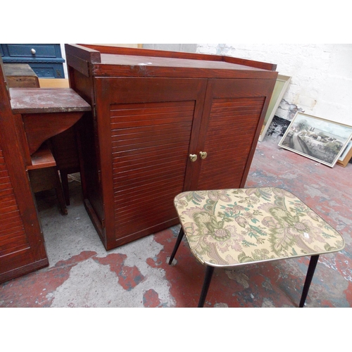 305 - A PAIR OF MATCHING STAINED MAHOGANY TWO DOOR CABINETS, AN OAK MAGAZINE RACK AND A SMALL RETRO 1970'S... 