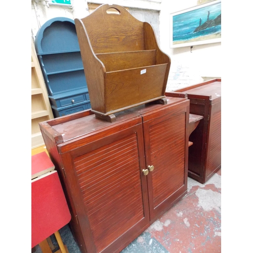 305 - A PAIR OF MATCHING STAINED MAHOGANY TWO DOOR CABINETS, AN OAK MAGAZINE RACK AND A SMALL RETRO 1970'S... 