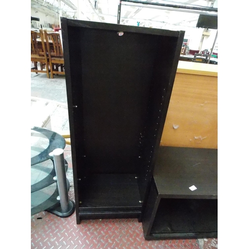 308 - FIVE ITEMS TO INCLUDE A BLACK GLASS TV STAND, MAGAZINE RACK, BLACK ASH TV STAND, BLACK ASH SHELVING ... 