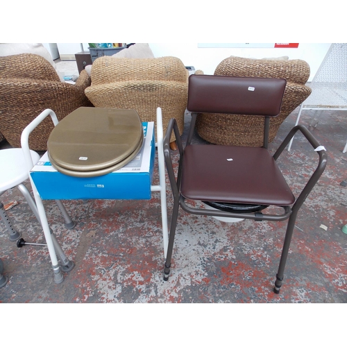 12 - SIX ITEMS OF MOBILITY EQUIPMENT TO INCLUDE WALKING AID, COMMODE CHAIR, BATH STOOL ETC