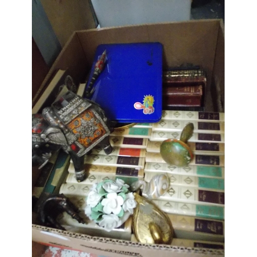 134 - THREE BOXES CONTAINING GLASSWARE, MIXED CHINA, BRASSWARE, CASED SAT NAV ETC