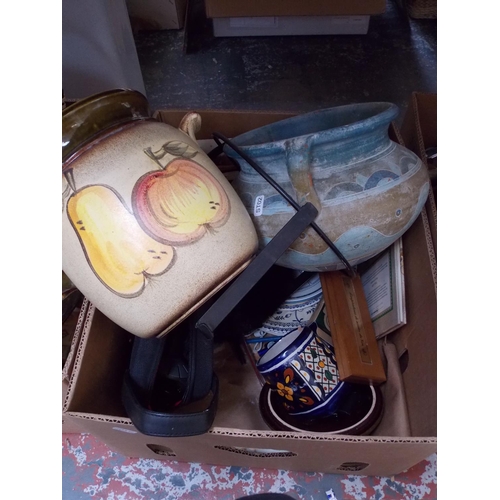 134 - THREE BOXES CONTAINING GLASSWARE, MIXED CHINA, BRASSWARE, CASED SAT NAV ETC