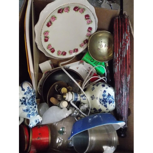 134 - THREE BOXES CONTAINING GLASSWARE, MIXED CHINA, BRASSWARE, CASED SAT NAV ETC