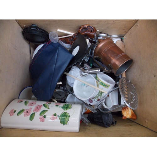 143 - FOUR BOXES CONTAINING MIXED CHINA, GLASSWARE, COPPERWARE, CUTLERY, ELECTRICAL ITEMS, BROOM ETC