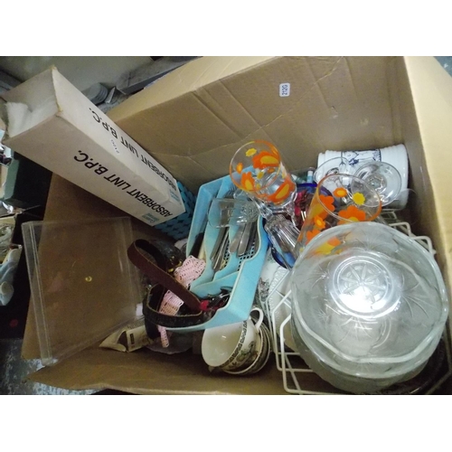 144 - SIX BOXES CONTAINING MIXED GLASSWARE, CUTLERY, WEDGWOOD JASPERWARE, MIXED CHINA ETC