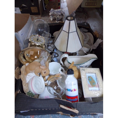 147 - THREE BOXES AND A BAG CONTAINING MIXED CHINA, GLASSWARE, CLOCK ETC