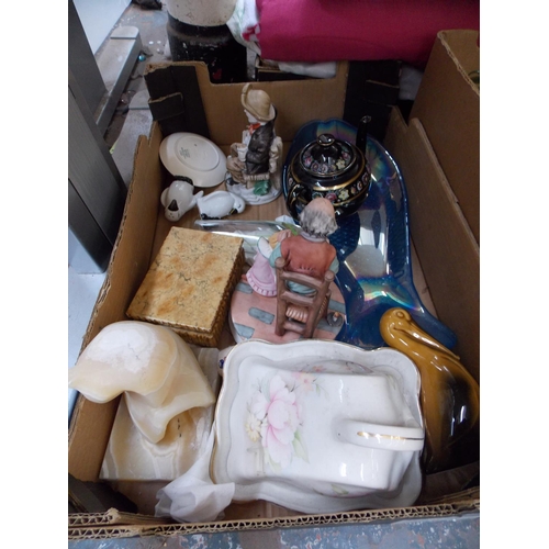 149 - THREE BOXES CONTAINING SILVER PLATED WARE, MIXED CHINA, PICTURES, GLASSWARE ETC