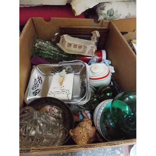 149 - THREE BOXES CONTAINING SILVER PLATED WARE, MIXED CHINA, PICTURES, GLASSWARE ETC