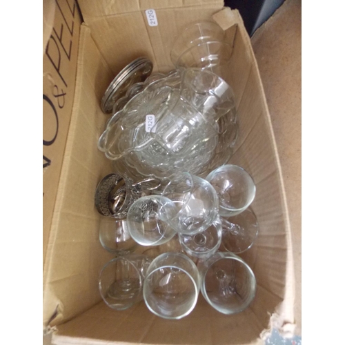 150 - FIVE BOXES CONTAINING MIXED GLASSWARE, CHINA, KITCHENALIA, BRASSWARE ETC