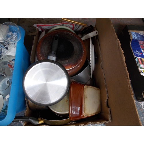 151 - SEVEN BOXES CONTAINING PICTURES, MIXED CHINA, KITCHENALIA, MIRRORS, SUITCASE ETC